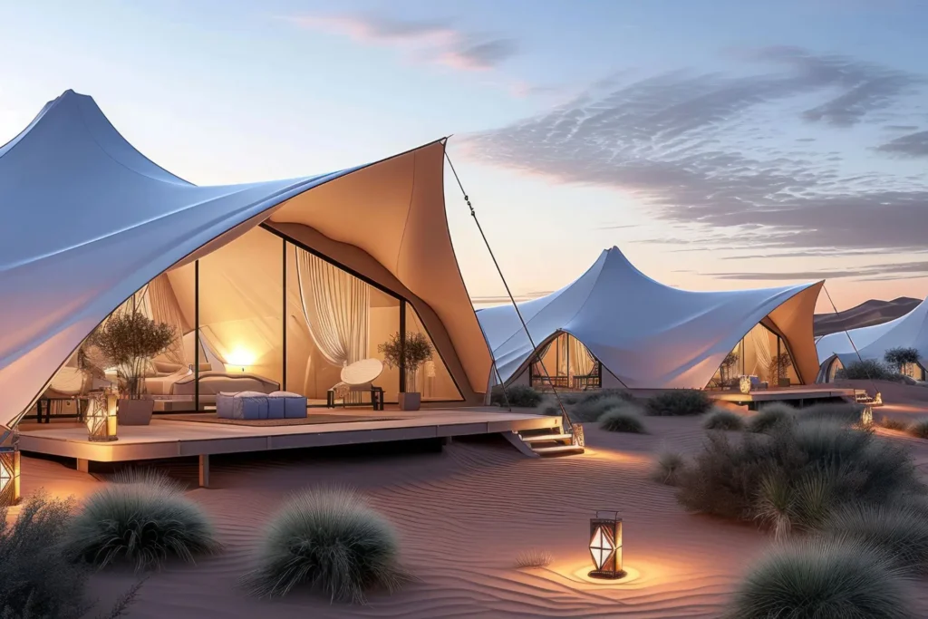 Luxury glamping tents in the Moroccan Sahara at sunset, with cozy lounge areas and elegant desert decor