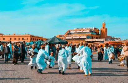 Tourists and locals enjoying a peaceful atmosphere in Jeamaa El Fna square, Marrakech