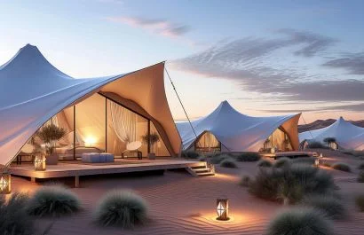 Luxury desert camp at sunset in the dunes of Merzouga , Morocco